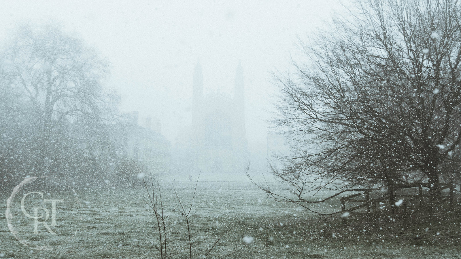 King's college chapel during a snow storm